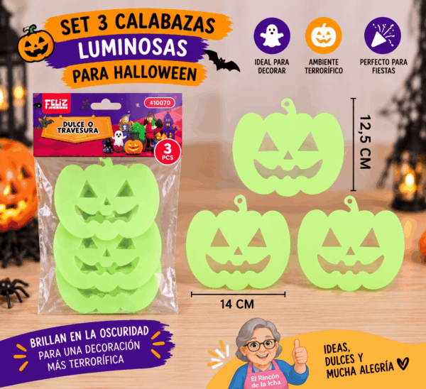 Set 3 Calabazas Luminosas para Halloween 14 x 12,5 cm Set de 3 calabazas luminosas para Halloween de 14 x 12,5 cm con diseño para colgar