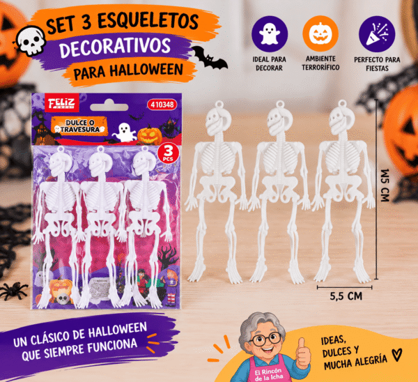 Set 3 Esqueletos Decorativos para Halloween 15 x 5,5 cm Set de 3 esqueletos decorativos para Halloween de 15 x 5,5 cm en color blanco