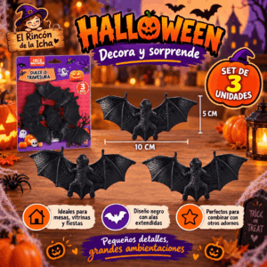 Set 3 Murciélagos Decorativos Halloween Negros 10 x 5 cm Set de 3 murciélagos decorativos negros para Halloween de 10 x 5 cm