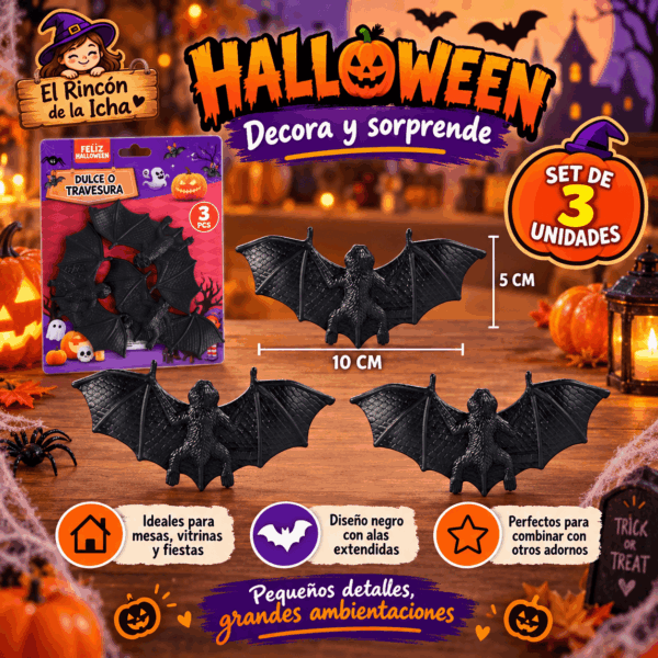 Set 3 Murciélagos Decorativos Halloween Negros 10 x 5 cm Set de 3 murciélagos decorativos negros para Halloween de 10 x 5 cm