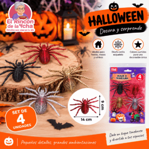 Set 4 Arañas Decorativas Halloween Estilo Esqueleto 14 x 9 cm Set de 4 arañas decorativas estilo esqueleto para Halloween de 14 x 9 cm en colores surtidos