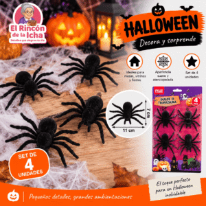 Set 4 Arañas Decorativas Halloween Negras 11 x 7 cm Set de 4 arañas decorativas negras para Halloween de 11 x 7 cm con apariencia aterciopelada