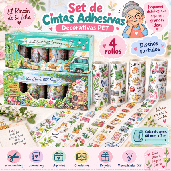 Set de 4 Cintas Adhesivas Decorativas PET 60 mm x 2 m | El Rincón de la Icha Set de 4 cintas adhesivas decorativas PET de 60 mm x 2 m con diseños surtidos para scrapbooking y journaling.