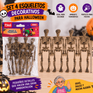Set 4 Esqueletos Decorativos para Halloween 15 cm Set de 4 esqueletos decorativos para Halloween de 15 cm con acabado envejecido