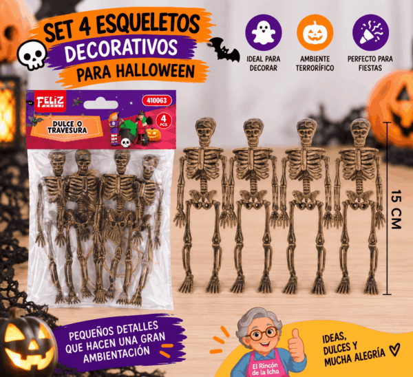Set 4 Esqueletos Decorativos para Halloween 15 cm Set de 4 esqueletos decorativos para Halloween de 15 cm con acabado envejecido