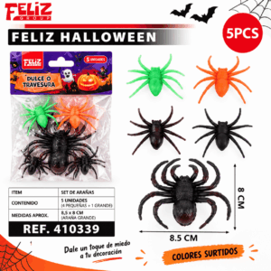 Set 5 Arañas Decorativas Halloween Colores Surtidos Set de 5 arañas decorativas para Halloween en colores surtidos con 4 pequeñas y 1 grande