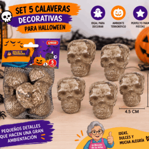 Set 5 Calaveras Decorativas para Halloween 5 x 4,5 cm Set de 5 calaveras decorativas para Halloween de 5 x 4,5 cm con acabado envejecido