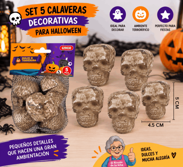 Set 5 Calaveras Decorativas para Halloween 5 x 4,5 cm Set de 5 calaveras decorativas para Halloween de 5 x 4,5 cm con acabado envejecido