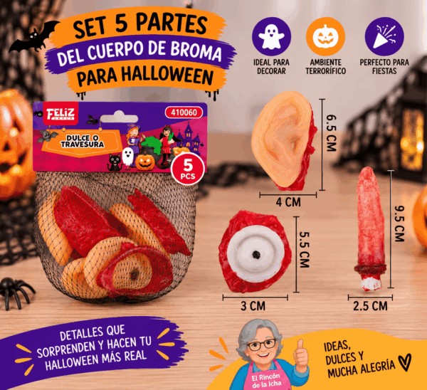 Set 5 Partes del Cuerpo de Broma para Halloween – Ojo, Oreja y Dedo Set de 5 partes del cuerpo de broma para Halloween con ojo, oreja y dedo decorativos