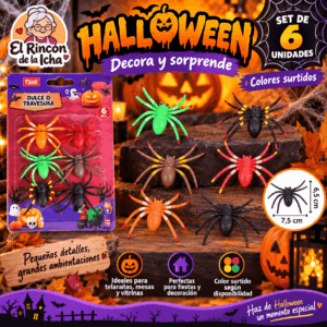 Set 6 Arañas Decorativas Halloween 7,5 x 6,5 cm Colores Surtidos Set de 6 arañas decorativas para Halloween de 7,5 x 6,5 cm en colores surtidos