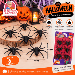 Set 6 Arañas Decorativas Halloween Negras 7 x 6,5 cm Set de 6 arañas decorativas negras para Halloween de 7 x 6,5 cm