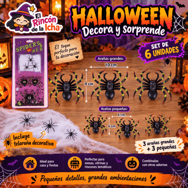 Set 6 Arañas Decorativas Halloween con Telaraña 10 y 6 cm Set de 6 arañas decorativas para Halloween con telaraña, 3 grandes de 10 x 9 cm y 3 pequeñas de 6 x 6 cm