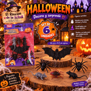 Set 6 Figuras Decorativas Halloween Bichos Surtidos Set de 6 figuras decorativas de bichos para Halloween con arañas, murciélago y figuras surtidas