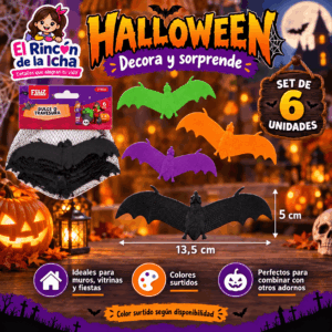 Set 6 Murciélagos Decorativos Halloween 13,5 x 5 cm Colores Surtidos Set de 6 murciélagos decorativos para Halloween de 13,5 x 5 cm en colores surtidos