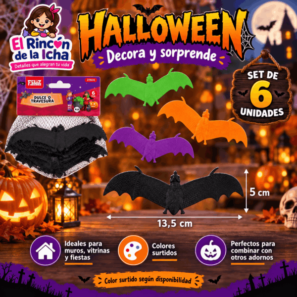 Set 6 Murciélagos Decorativos Halloween 13,5 x 5 cm Colores Surtidos Set de 6 murciélagos decorativos para Halloween de 13,5 x 5 cm en colores surtidos