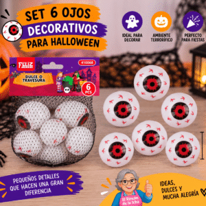 Set 6 Ojos Decorativos para Halloween 3,3 cm Set de 6 ojos decorativos para Halloween de 3,3 cm en blanco rojo y negro