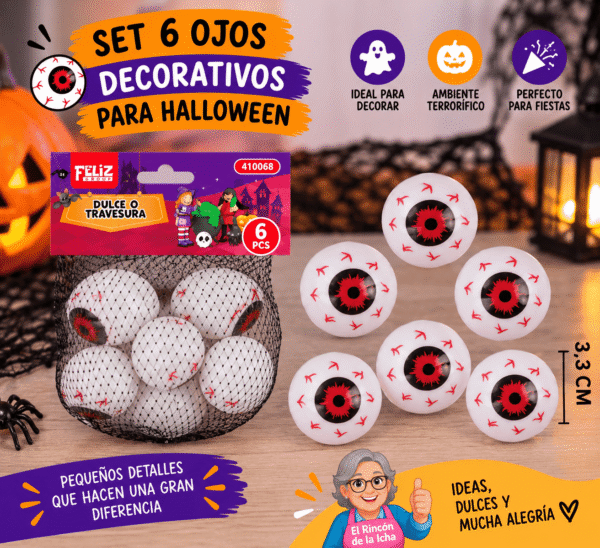 Set 6 Ojos Decorativos para Halloween 3,3 cm Set de 6 ojos decorativos para Halloween de 3,3 cm en blanco rojo y negro
