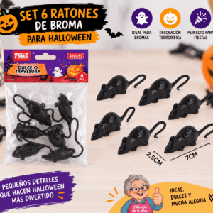 Set de 6 ratones negros de broma para Halloween de 7 x 2,5 cm con empaque temático