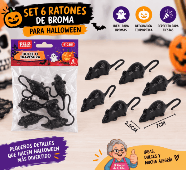Set 6 Ratones Negros de Broma para Halloween 7 x 2,5 cm Set de 6 ratones negros de broma para Halloween de 7 x 2,5 cm con empaque temático