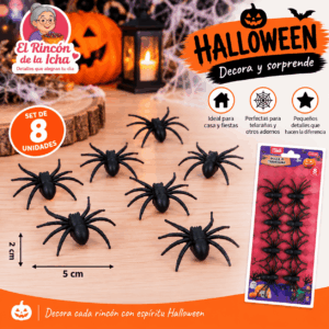 Set 8 Arañas Decorativas Halloween Negras 5 x 2 cm Set de 8 arañas decorativas negras para Halloween de 5 x 2 cm