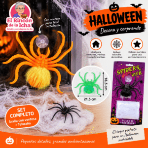 Set Araña con Ventosa y Telaraña Halloween 21,5 x 16,5 cm Set de araña decorativa con ventosa y telaraña para Halloween de 21,5 x 16,5 cm