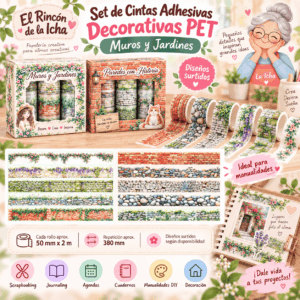 Set de Cintas Adhesivas Decorativas PET Muros y Jardines | El Rincón de la Icha Set de cintas adhesivas decorativas PET de 50 mm x 2 m con diseños de muros, piedras, ladrillos, flores y jardines.