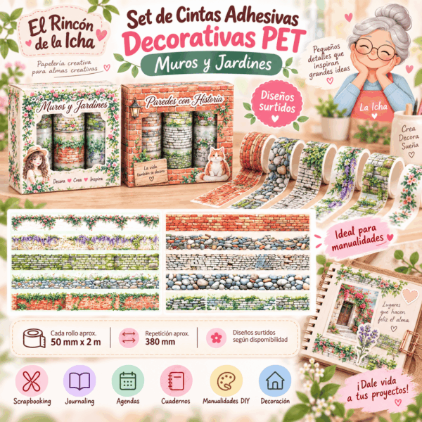 Set de cintas adhesivas decorativas PET de 50 mm x 2 m con diseños de muros, piedras, ladrillos, flores y jardines.