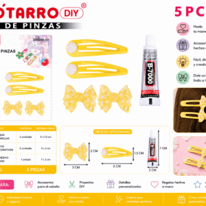 Set DIY de Pinzas Amarillas con Lazos – 5 Piezas Set DIY de 5 piezas con 2 pinzas amarillas, 2 lazos decorativos y 1 adhesivo para crear accesorios para el cabello y manualidades.