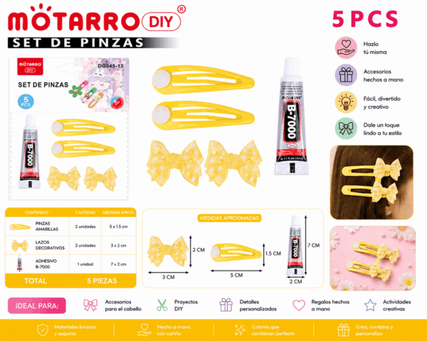 Set DIY de Pinzas Amarillas con Lazos – 5 Piezas Set DIY de 5 piezas con 2 pinzas amarillas, 2 lazos decorativos y 1 adhesivo para crear accesorios para el cabello y manualidades.