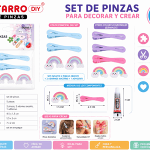 Set DIY de Pinzas Celestes con Adornos Arcoíris – 5 Piezas Set DIY de 5 piezas con 2 pinzas celestes, 2 adornos de arcoíris y 1 adhesivo para crear pinzas decorativas y manualidades.