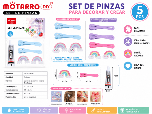 Set DIY de 5 piezas con 2 pinzas celestes, 2 adornos de arcoíris y 1 adhesivo para crear pinzas decorativas y manualidades.