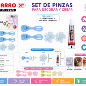 Set DIY de Pinzas Celestes con Flores – 5 Piezas Set DIY de 5 piezas con 2 pinzas celestes, 2 flores decorativas y 1 adhesivo para crear accesorios para el cabello y manualidades.