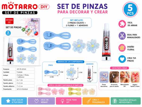 Set DIY de Pinzas Celestes con Flores – 5 Piezas Set DIY de 5 piezas con 2 pinzas celestes, 2 flores decorativas y 1 adhesivo para crear accesorios para el cabello y manualidades.