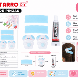 Set DIY de Pinzas Celestes con Perritos – 5 Piezas Set DIY de 5 piezas con 2 pinzas celestes, 2 adornos de perritos y 1 adhesivo para crear accesorios para el cabello y manualidades.