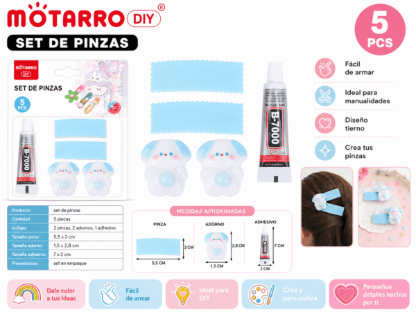 Set DIY de Pinzas Celestes con Perritos – 5 Piezas Set DIY de 5 piezas con 2 pinzas celestes, 2 adornos de perritos y 1 adhesivo para crear accesorios para el cabello y manualidades.