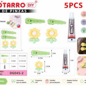 Set DIY de Pinzas Verdes con Flores – 5 Piezas Set DIY de 5 piezas con 2 pinzas verdes, 2 flores decorativas y 1 adhesivo para crear accesorios para el cabello y manualidades.