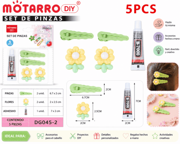 Set DIY de Pinzas Verdes con Flores – 5 Piezas Set DIY de 5 piezas con 2 pinzas verdes, 2 flores decorativas y 1 adhesivo para crear accesorios para el cabello y manualidades.