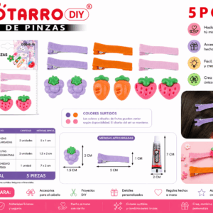 Set DIY de Pinzas con Frutas – 5 Piezas Colores Surtidos Set DIY de 5 piezas con 2 pinzas alargadas, 2 frutas decorativas en colores surtidos y 1 adhesivo para crear accesorios para el cabello.