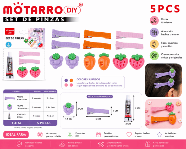 Set DIY de Pinzas con Frutas – 5 Piezas Colores Surtidos Set DIY de 5 piezas con 2 pinzas alargadas, 2 frutas decorativas en colores surtidos y 1 adhesivo para crear accesorios para el cabello.