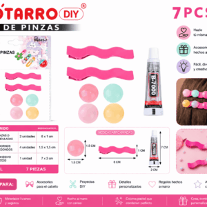 Set DIY de Pinzas Fucsia con Adornos Pastel – 7 Piezas Set DIY de 7 piezas con 2 pinzas fucsia onduladas, 4 adornos redondos en tonos pastel y 1 adhesivo para crear accesorios personalizados.