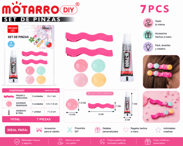 Set DIY de Pinzas Fucsia con Adornos Pastel – 7 Piezas Set DIY de 7 piezas con 2 pinzas fucsia onduladas, 4 adornos redondos en tonos pastel y 1 adhesivo para crear accesorios personalizados.