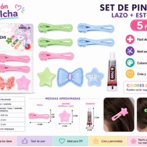 Set DIY de Pinzas con Lazo y Estrella – 5 Piezas Colores Surtidos Set DIY de 5 piezas con 2 pinzas alargadas, 1 lazo, 1 estrella decorativa y 1 adhesivo, en colores surtidos para manualidades.