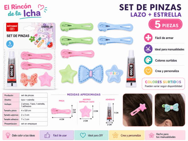 Set DIY de Pinzas con Lazo y Estrella – 5 Piezas Colores Surtidos Set DIY de 5 piezas con 2 pinzas alargadas, 1 lazo, 1 estrella decorativa y 1 adhesivo, en colores surtidos para manualidades.