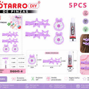 Set DIY de Pinzas Moradas con Estrellas y Conejito – 5 Piezas Set DIY de 5 piezas con 2 pinzas moradas con diseño de estrellas, 2 adornos de conejito y 1 adhesivo para accesorios y manualidades.