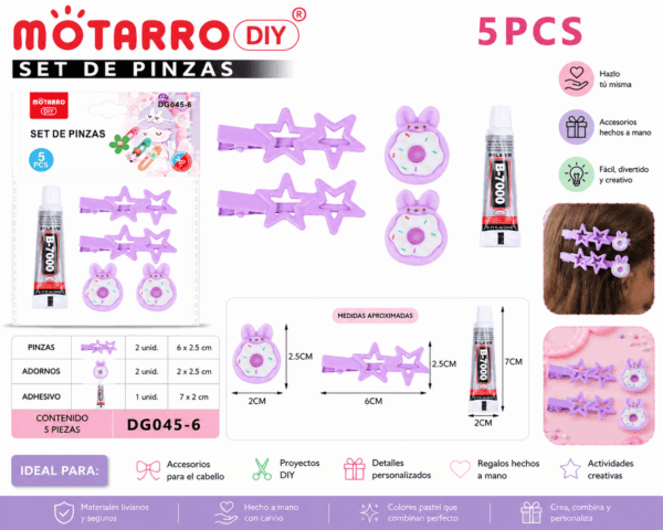 Set DIY de Pinzas Moradas con Estrellas y Conejito – 5 Piezas Set DIY de 5 piezas con 2 pinzas moradas con diseño de estrellas, 2 adornos de conejito y 1 adhesivo para accesorios y manualidades.