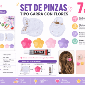 Set DIY de Pinzas Tipo Garra con Flores – 7 Piezas Colores Surtidos Set DIY de 7 piezas con 2 pinzas tipo garra transparentes, 4 flores decorativas en colores surtidos y 1 adhesivo para manualidades.