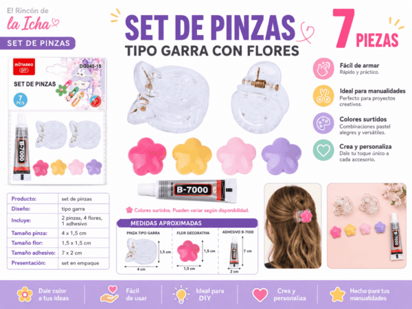 Set DIY de Pinzas Tipo Garra con Flores – 7 Piezas Colores Surtidos Set DIY de 7 piezas con 2 pinzas tipo garra transparentes, 4 flores decorativas en colores surtidos y 1 adhesivo para manualidades.