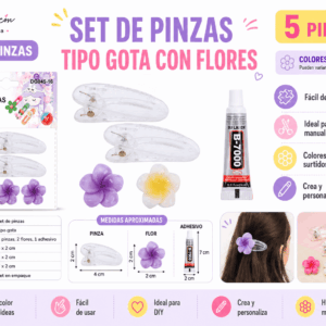 Set DIY de Pinzas Tipo Gota con Flores – 5 Piezas Colores Surtidos Set DIY de 5 piezas con 2 pinzas transparentes tipo gota, 2 flores decorativas en colores surtidos y 1 adhesivo para manualidades.