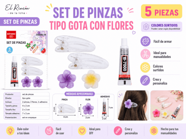 Set DIY de Pinzas Tipo Gota con Flores – 5 Piezas Colores Surtidos Set DIY de 5 piezas con 2 pinzas transparentes tipo gota, 2 flores decorativas en colores surtidos y 1 adhesivo para manualidades.