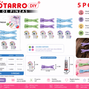 Set DIY de Pinzas Tipo X con Unicornios – 5 Piezas Colores Surtidos Set DIY de 5 piezas con 2 pinzas tipo X en colores surtidos, 2 unicornios decorativos y 1 adhesivo para manualidades.